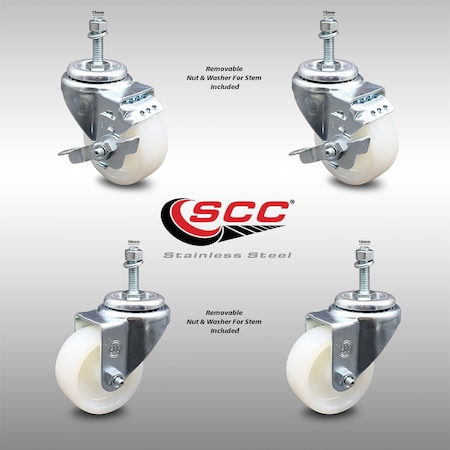 Service Caster 3 Inch SS Nylon Wheel Swivel 10mm Threaded Stem Caster Brakes SCC, 2PK SCC-SSTS20S314-NYS-M1015-2-TLB-2